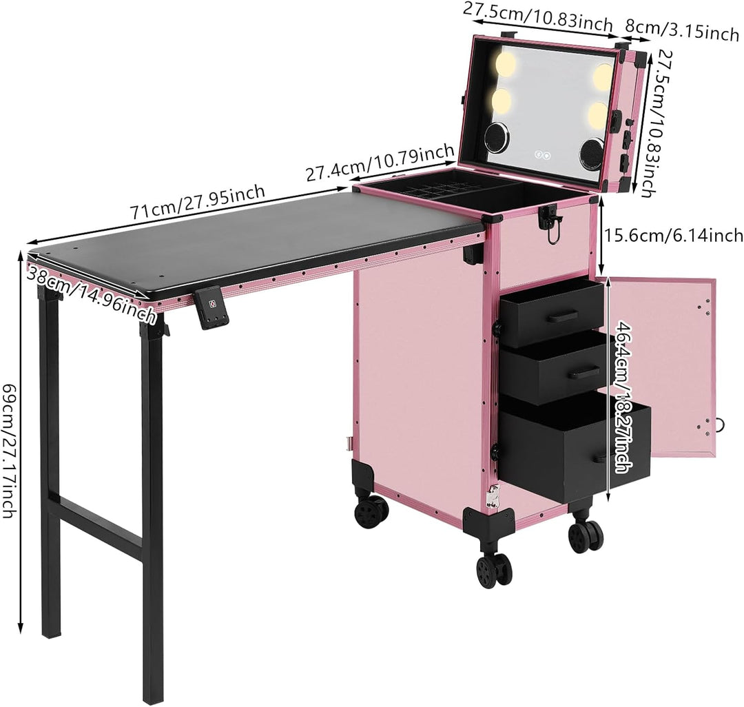 Professioneller Kosmetikkoffer Trolley 2 In 1 Schminkkoffer mit Tisch Bis 50KG Maniküre Tisch mit 3