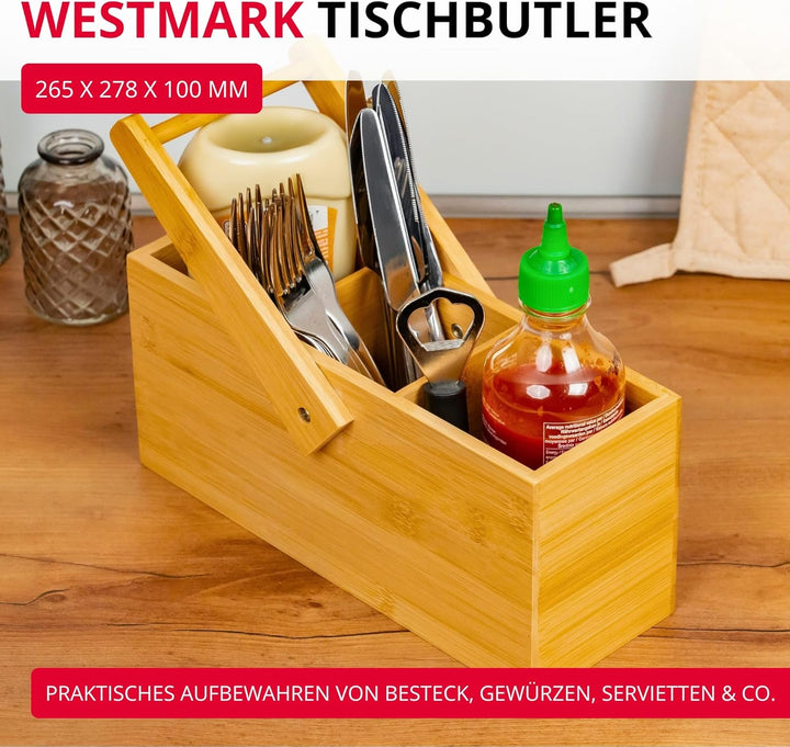 Westmark Küchen-Organizer/Tischbutler, 3 Fächer, mit Tragegriff, Masse: 26,5 x 27,8 x 10 cm, Bambus,