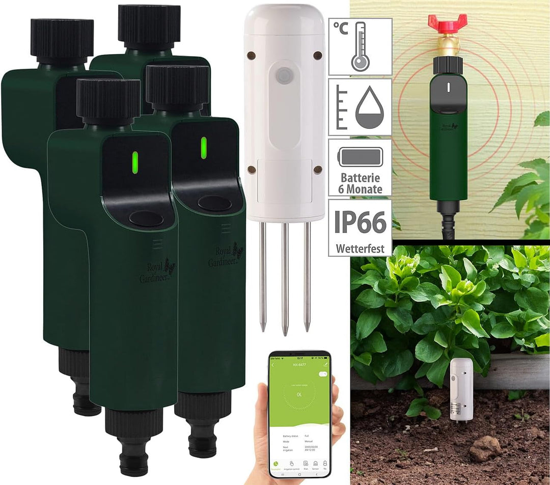 Luminea Home Control ZigBee-Bodentester: 4X ZigBee-Bewässerungscomputer + 1x Boden-Feuchte- & Temper