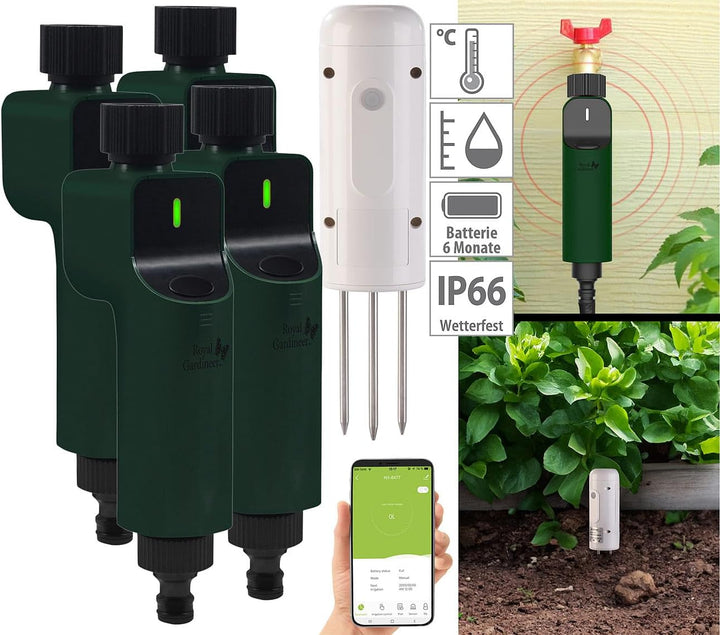 Luminea Home Control ZigBee-Bodentester: 4X ZigBee-Bewässerungscomputer + 1x Boden-Feuchte- & Temper