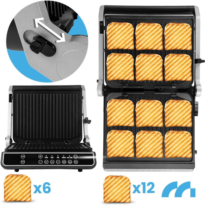 MalTec Kontaktgrill mit Auffangschale SM5000W-PRO Elektrogrill 2500W Panini Sandwichmaker, 3 Frittie