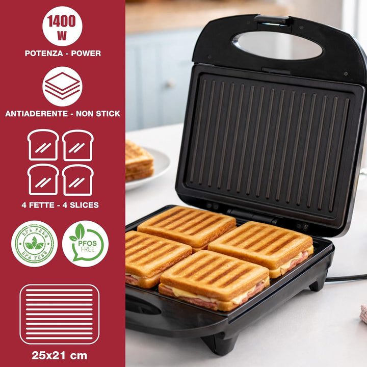 BEPER P101TOS040 Elektrischer Toaster für 4 Scheiben „Family Grill“, Toast- und Sandwich-Grillplatte