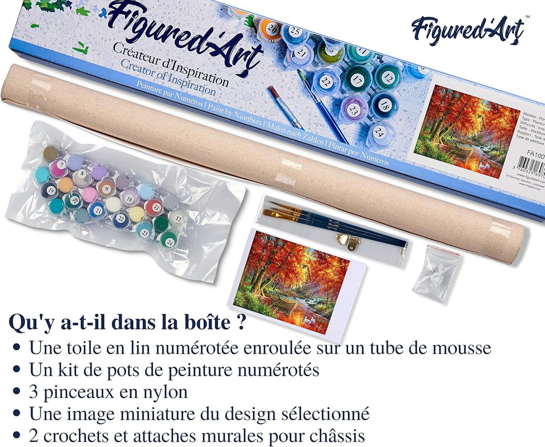 Figured'Art Malen Nach Zahlen Erwachsene Boot am Herbstlichen Fluss - Paint by Numbers Basteln DIY B