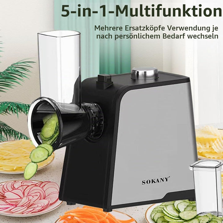 SOKANY 1000W Gemüseschneider, 5 in 1 Elektrischer Gemüsehobel, Schnitzelwerk Mit 5 Kegel-Klingen, Kä