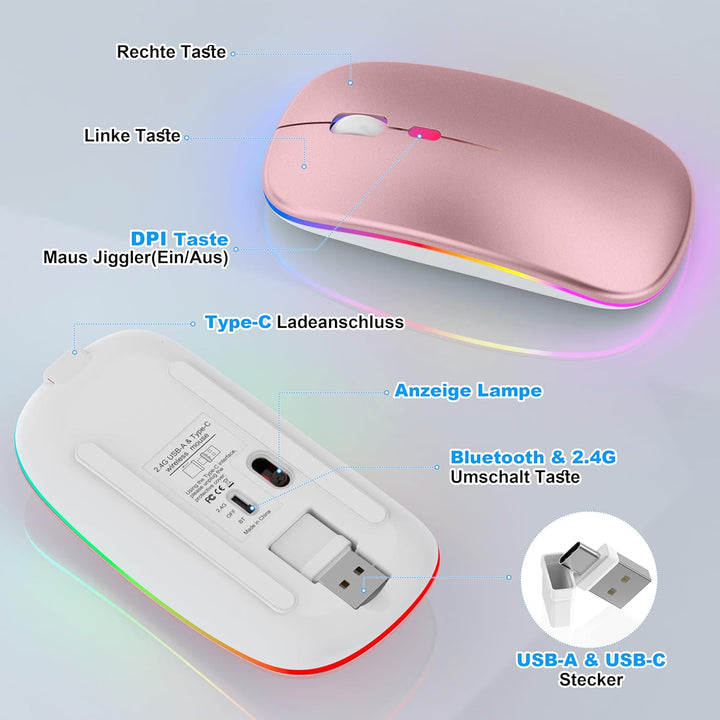Azmall Kabellose Maus mit Jiggler-Modus – Bluetooth 5.2 & 2.4G Funk, für Laptop, PC, iOS, Android, i