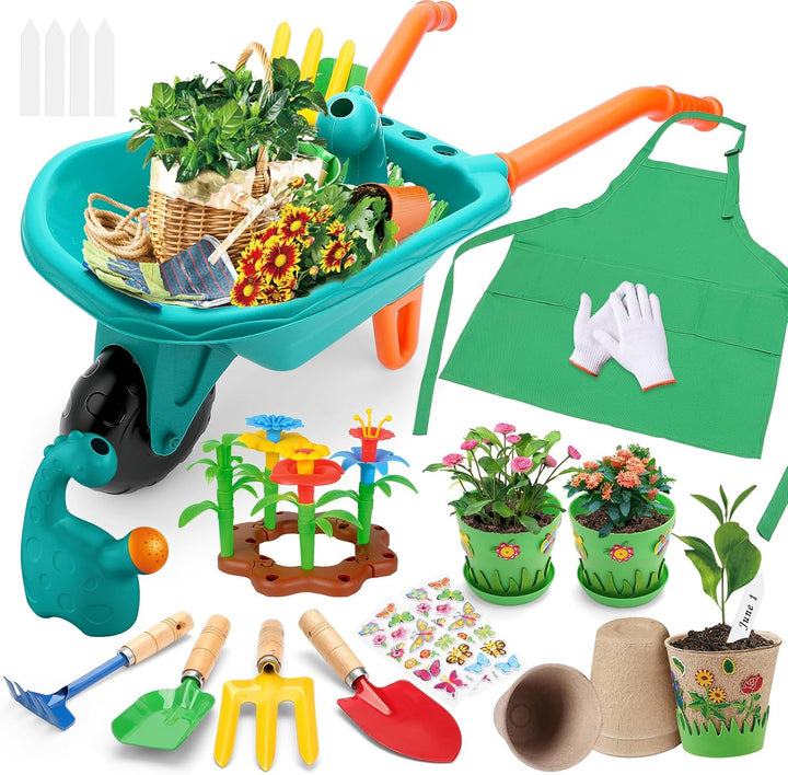 deAO Gartenset Kinder, Gartengeräte Spielzeug mit Schubkarre, Schaufel, Rechen, Blumentöpfe, Handsch