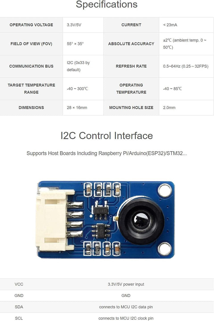 Waveshare MLX90640 IR Array Thermal Imaging Camera with 32×24 Pixels 55° Field of View Communicating