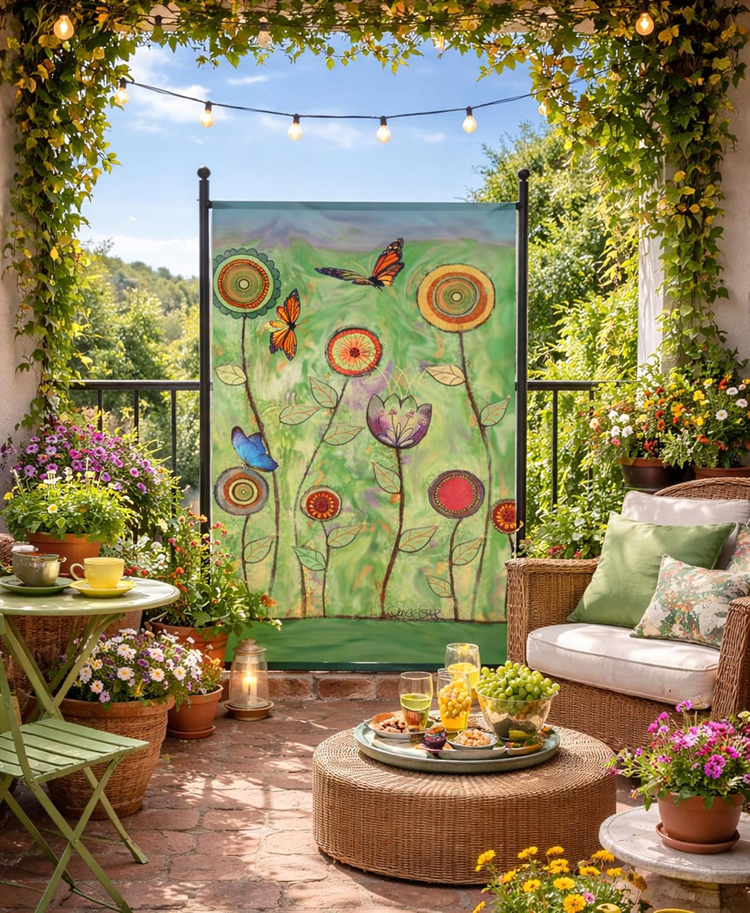 QUICK STAR Paravent Outdoor Wetterfest 180 x 78 cm Green Flowers | Raumteiler Stellwand Innen | Gart
