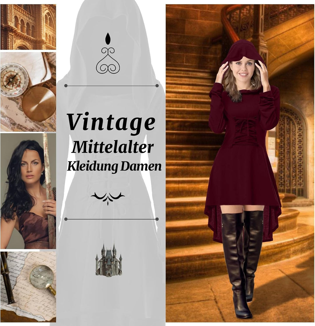 Pianocean Mittelalter Kleidung Damen, Renaissance Kleid, Gothic Kleid，Renaissance Mit Kapuze Langarm