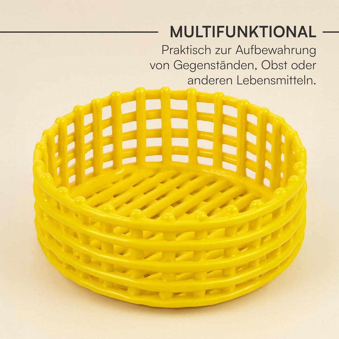 Baroni Home Mehrzweckkorb aus Keramik, Obstkorb, Tischdeko, Taschenleerer, rund, gelb, 21 x 21 x 9 c