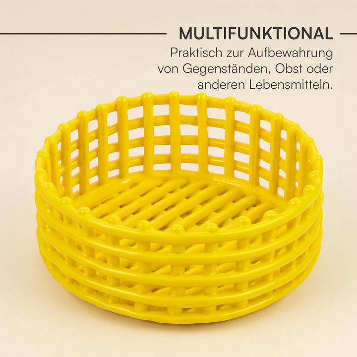 Baroni Home Mehrzweckkorb aus Keramik, Obstkorb, Tischdeko, Taschenleerer, rund, gelb, 21 x 21 x 9 c