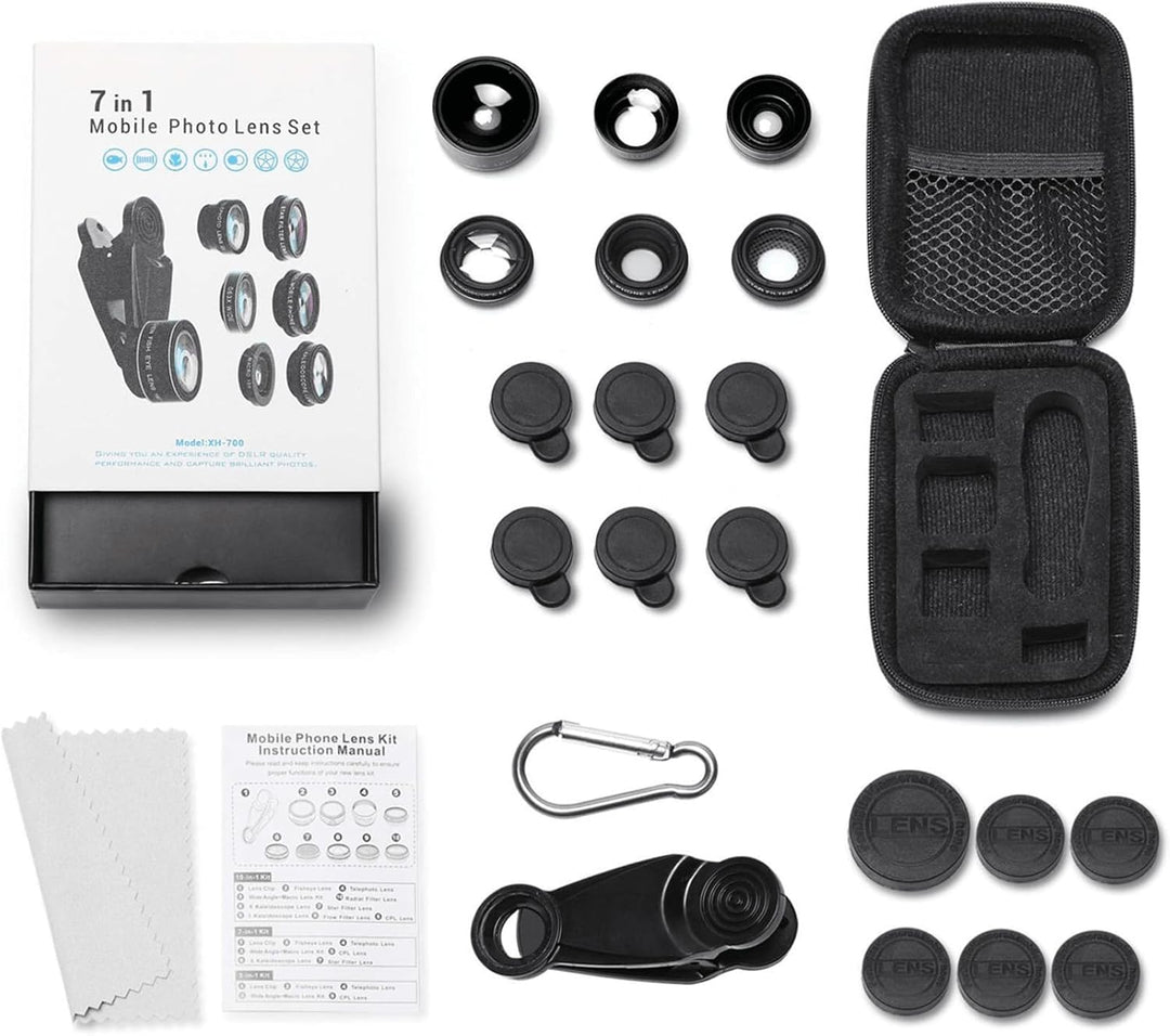 7-in-1-Objektiv-Set für Handy, HD Fisheye, Weitwinkel 0,63 x, Makro 15 x, Porträtobjektiv, 2 x Polar