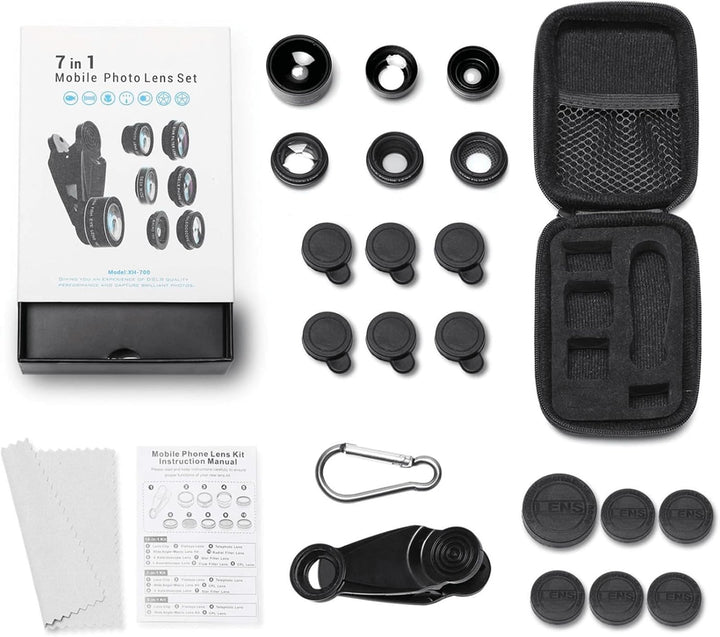 7-in-1-Objektiv-Set für Handy, HD Fisheye, Weitwinkel 0,63 x, Makro 15 x, Porträtobjektiv, 2 x Polar