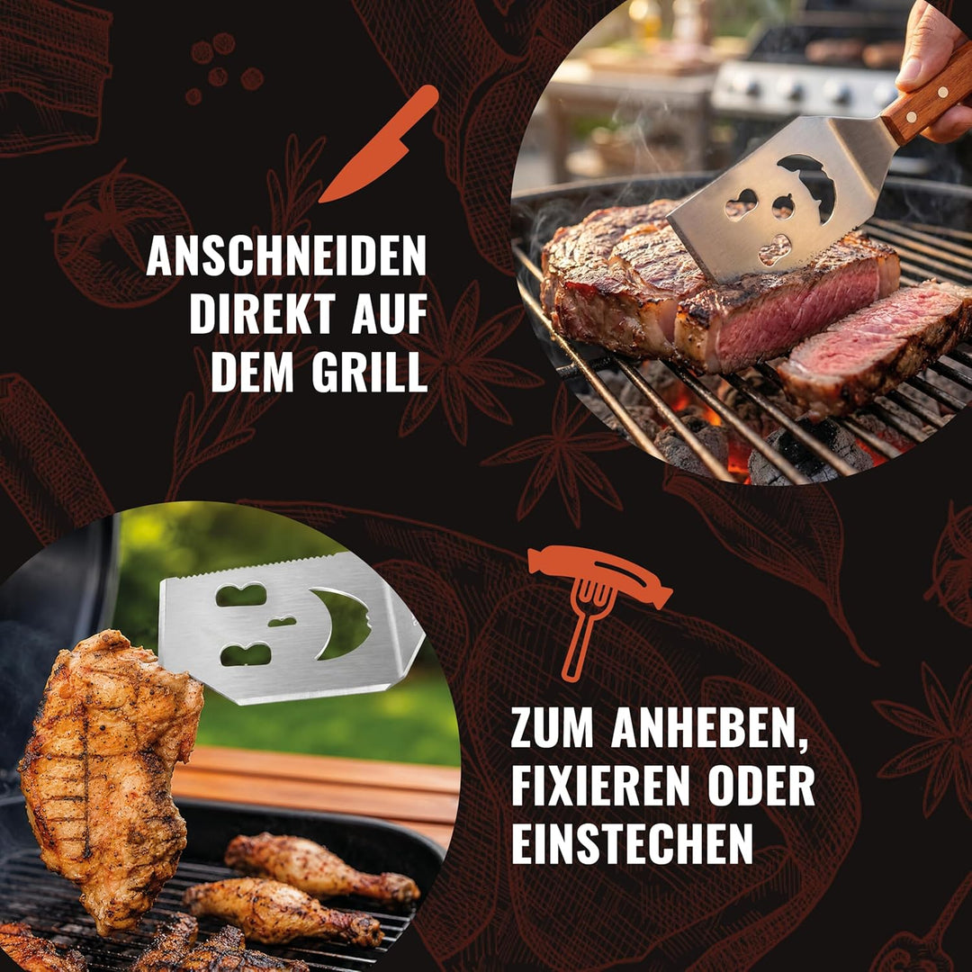 THO BBQ 7-in-1 Grillspachtel Edelstahl mit Holzgriff – Grillwender mit Flaschenöffner, Schaberkante