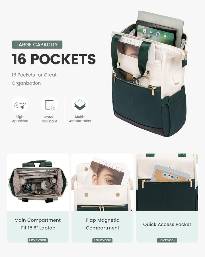 LOVEVOOK Rucksack Damen Grün, 15,6 Zoll Laptop Backpack, Tagesrucksäcke Handtasche 2 in 1, Arbeitsta