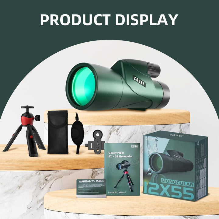 Gosky Monokulares Teleskop, Piper 12 x 55 Hochauflösendes Monokular für Erwachsene mit BAK4-Prisma u