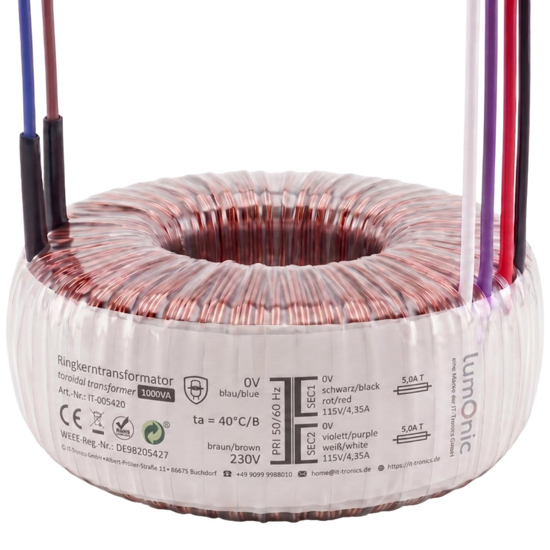 Lumonic Ringkerntrafo Transformator 1000VA 2x115V für Audio, Industrie, Halogen und Schienensysteme