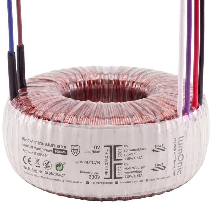 Lumonic Ringkerntrafo Transformator 1000VA 2x115V für Audio, Industrie, Halogen und Schienensysteme