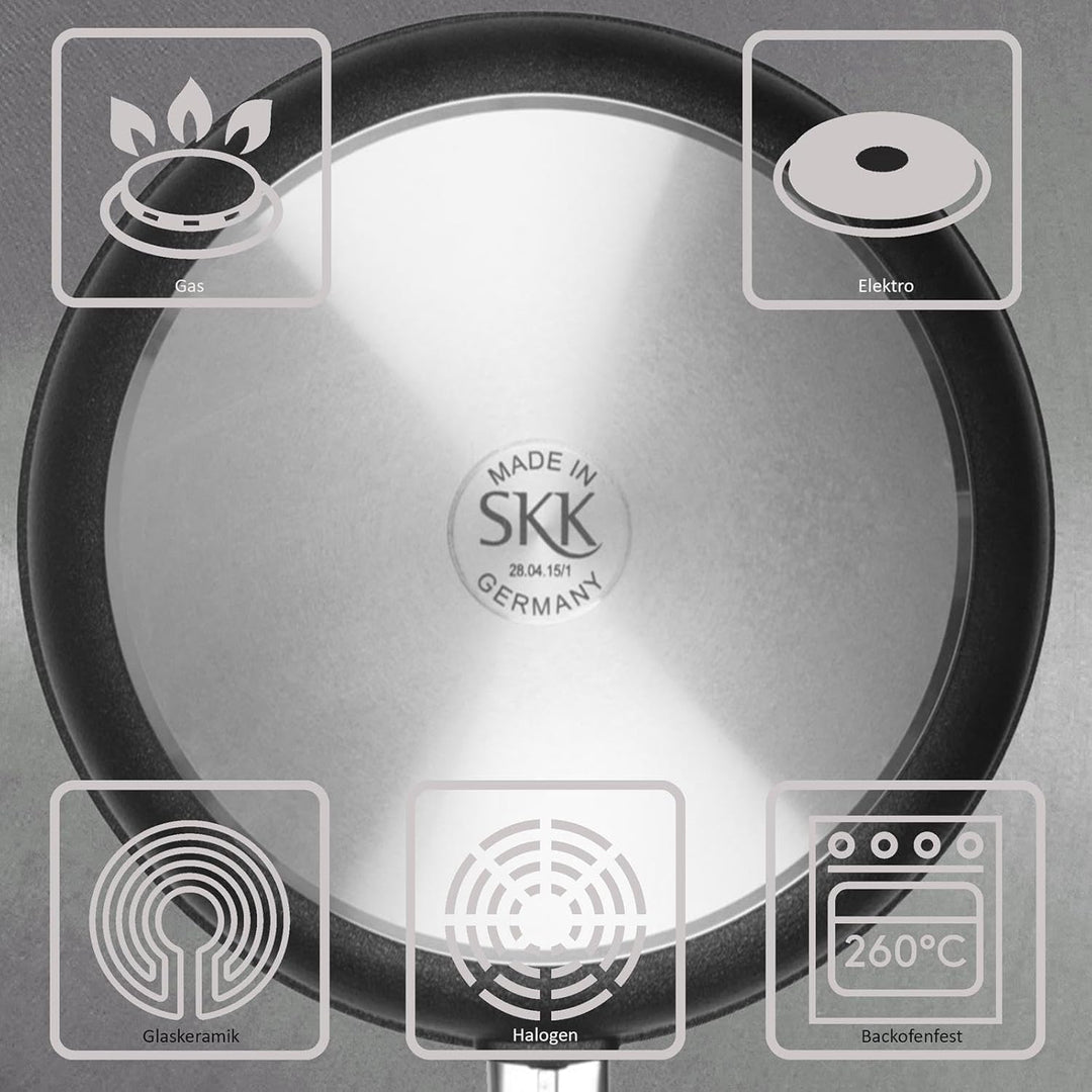 SKK grosser 2-tlg. Wok Ø 28 cm mit Griff - ohne Induktion - Aluguss Antihaft Stielwok mit glattem Bo