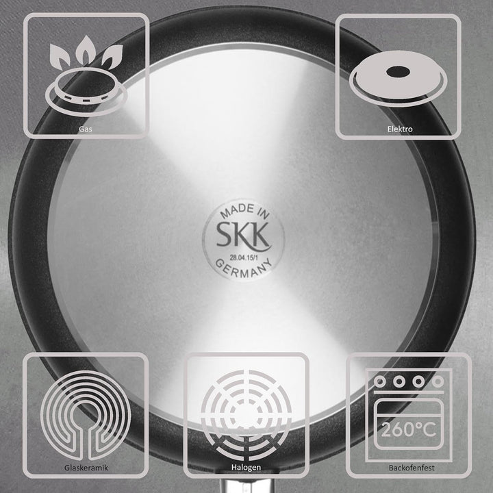 SKK grosser 2-tlg. Wok Ø 28 cm mit Griff - ohne Induktion - Aluguss Antihaft Stielwok mit glattem Bo