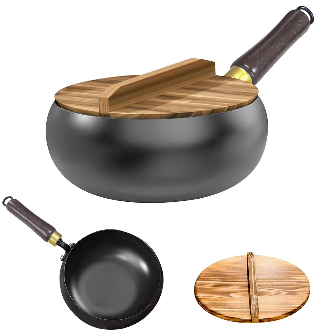 Eisenpfanne Ohne Beschichtung,Eisenpfanne Mit Holzdeckel, Multifunktionaler Eisenpfanne Geschmiedet,