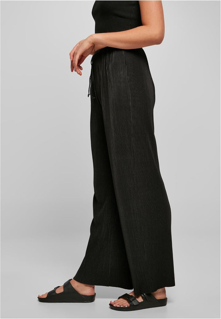 Urban Classics Damen Hose Ladies Plisse Pants, leichte Stoffhose für Frauen, weites Bein, Kordelzug