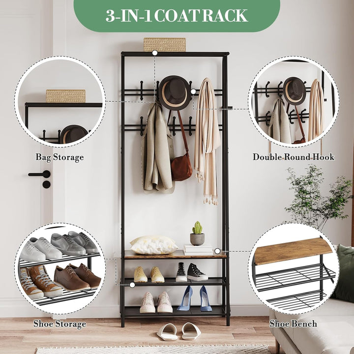 GarveeHome Garderobenständer, 4-in-1 Kleiderständer mit Schuhablagen und 10 Abnehmbare Haken, 64x29x