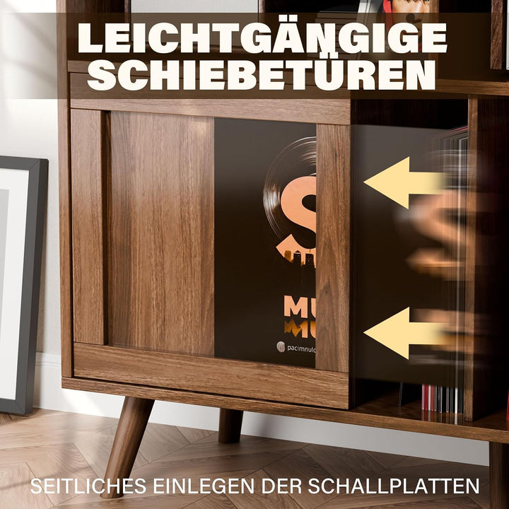 Grosser Plattenspieler-Ständer mit Schiebetüren, Plattenständer für über 500 Schallplatten mit Lades
