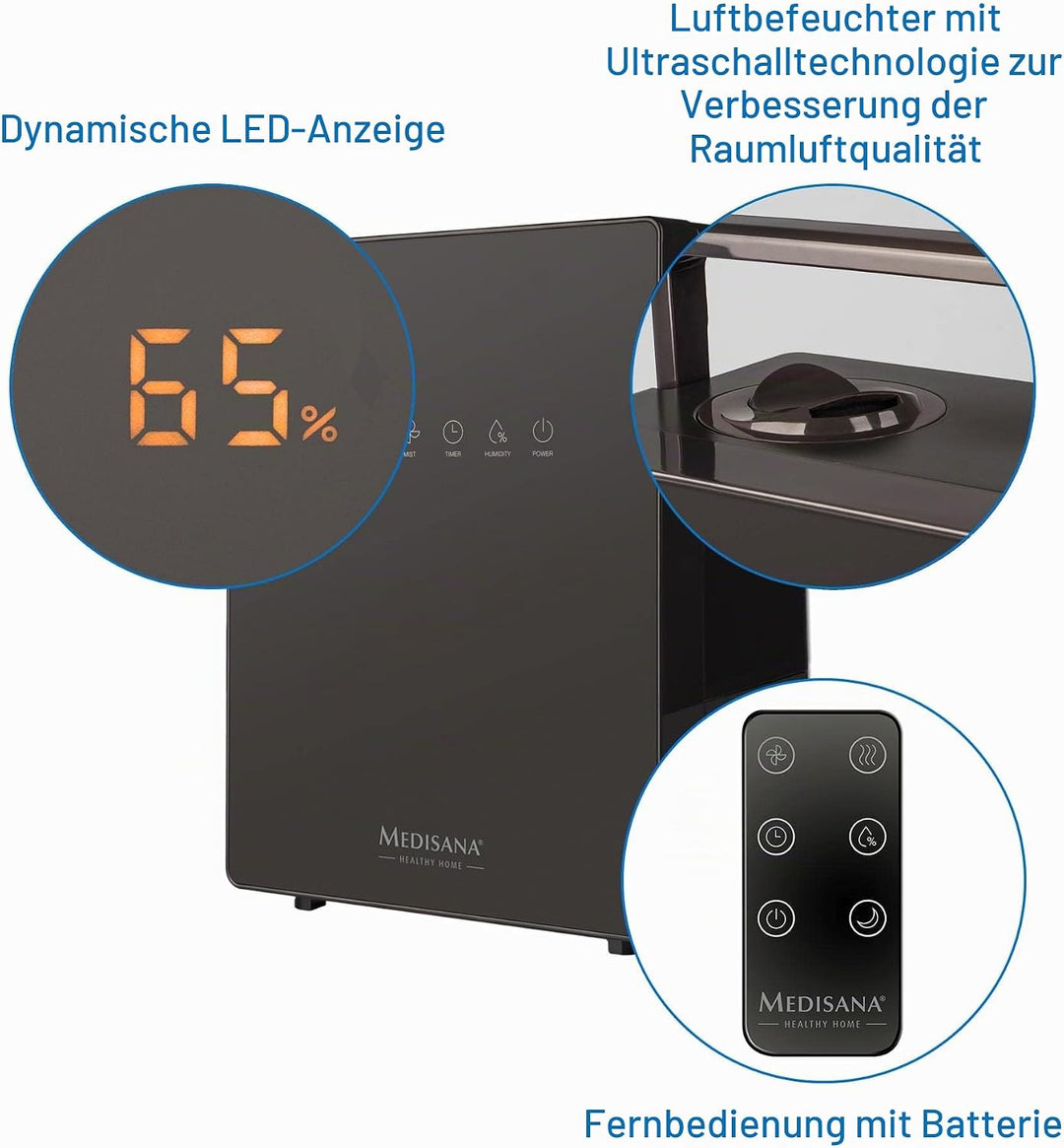 medisana AH 675 Luftbefeuchter mit Hygrometer, Timerfunktion, Vorheizfunktion, 3 Zerstäubungsintensi