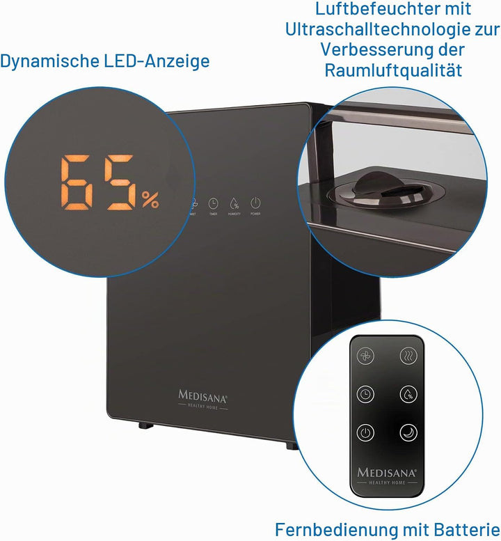 medisana AH 675 Luftbefeuchter mit Hygrometer, Timerfunktion, Vorheizfunktion, 3 Zerstäubungsintensi