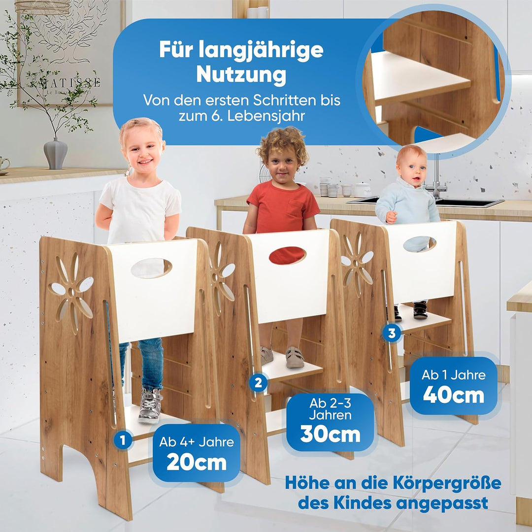 Kitchen Kids Helper Lernturm ab 1 Jahr - Höhenverstellbarer Lernturm Montessori Eiche-Weiss 80cm - S