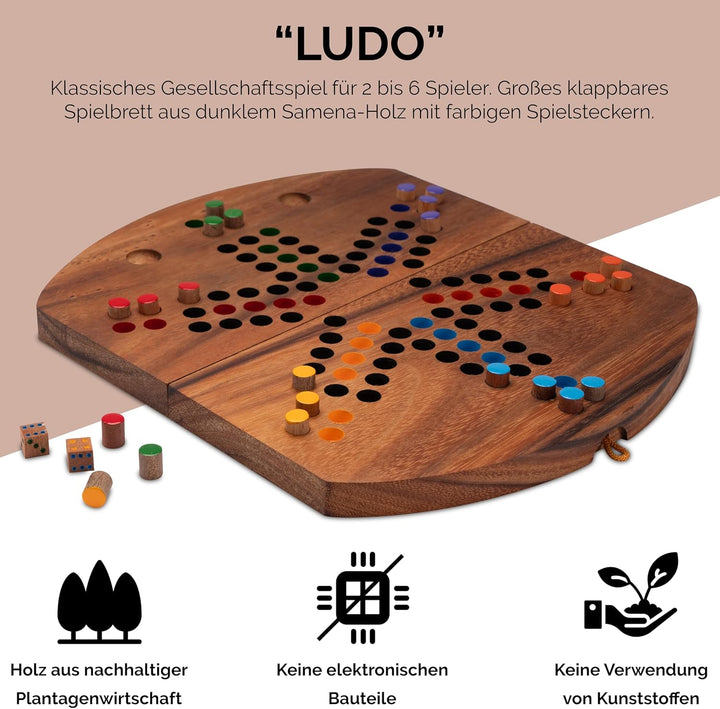 LOGOPLAY Ludo für 6 Spieler - Würfelspiel - Gesellschaftsspiel - Familienspiel aus Holz mit klappbar