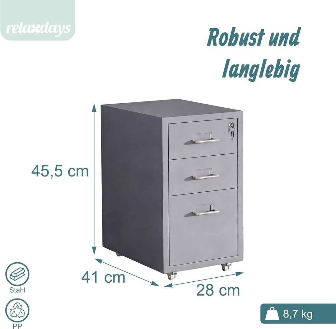 Relaxdays Rollcontainer, 3 Schubladen, HxBxT: 45,5 x 28 x 41 cm, abschliessbar, Aktenschrank auf Rol