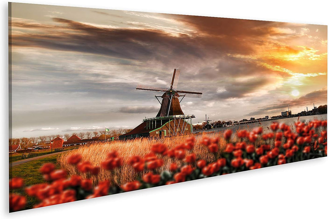 islandburner Bild auf Leinwand Traditionelle Holländische Windmühlen Mit Roten Tulpen In Zaanse Scha