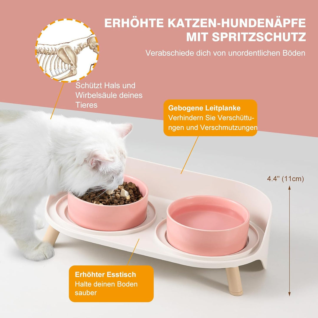 Katzen Napfset Katzennapf Erhöht Keramik - Doppelt Katzennäpfe mit Rutschfestem Ständer und Spritzsc