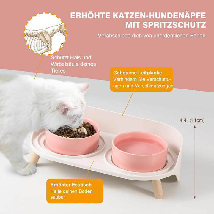 Katzen Napfset Katzennapf Erhöht Keramik - Doppelt Katzennäpfe mit Rutschfestem Ständer und Spritzsc
