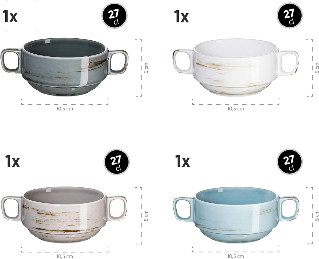 Mäser , Porzellan , Suppentassen-Set DERBY, Weiss, Beige, Grau, Blau, Suppentassen-Set