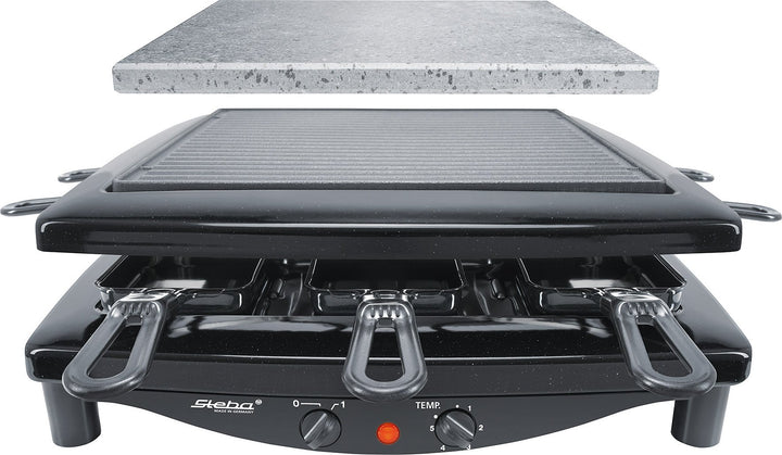 Steba Made in Germany Raclette, Wendbare emaillierte Gusseisen-Grillplatte + Natursteinplatte, 8 Spü