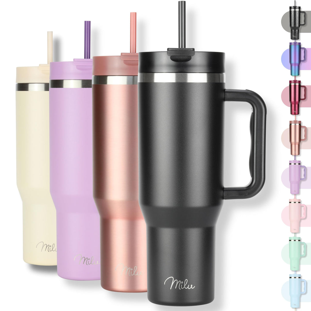 Milu Thermobecher 1200ml mit Strohhalm und Henkel – 48h Eis/24h kalt/12h heiss Edelstahl Tumbler 40o