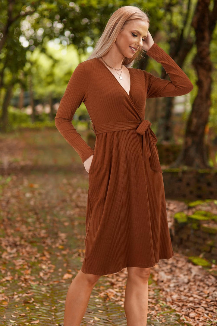 Newshows Strickkleid Damen Herbstkleid V Ausschnitt Pulloverkleid Winterkleid Kleid mit Taschen für