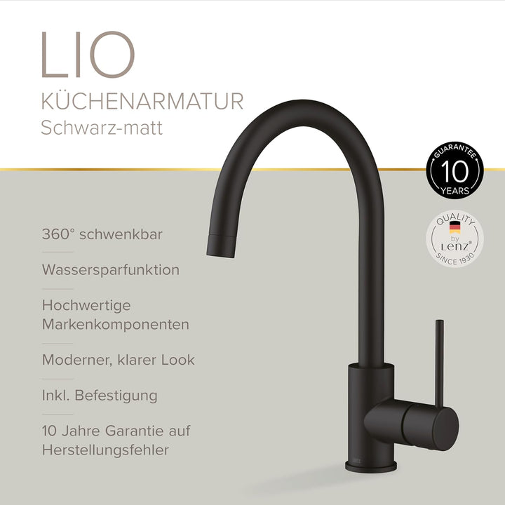 Lenz Küchenarmatur LIO Schwarz-matt – Hoher und 360° schwenkbarer Auslauf | Spültischarmatur mit 2-M