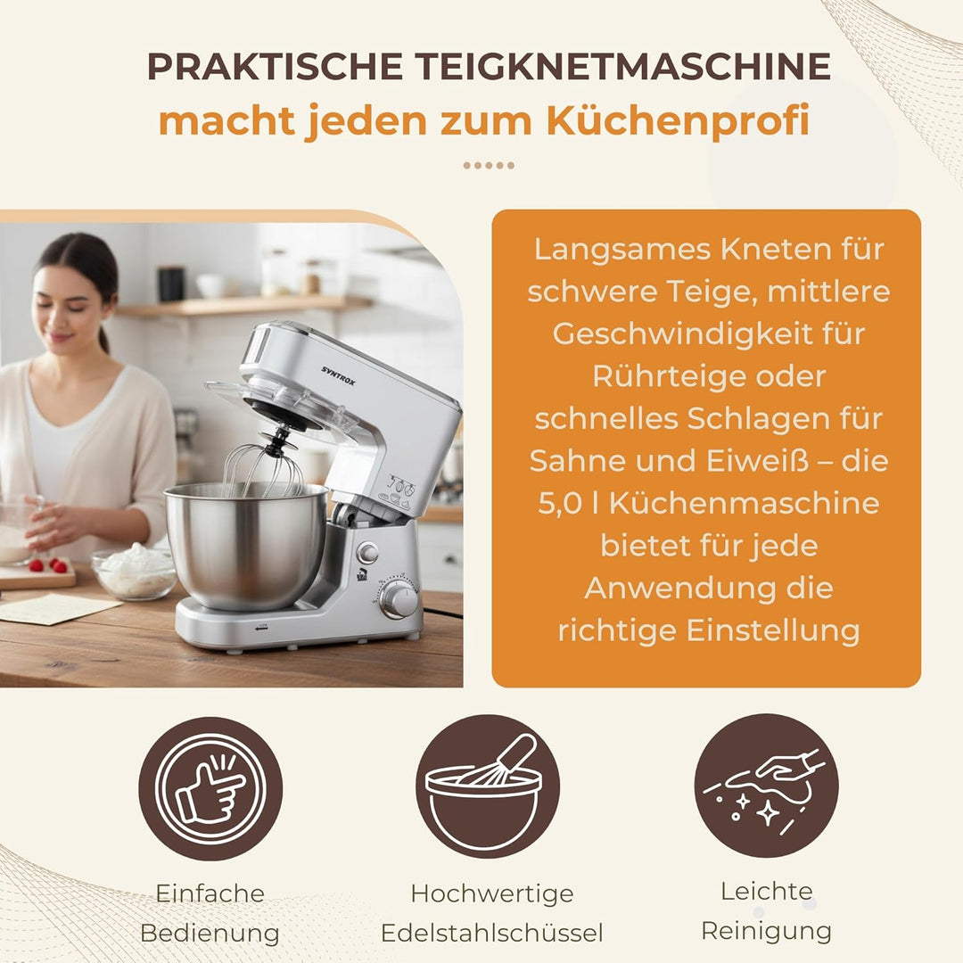Syntrox 5,0 l Küchenmaschine Wezen | Knetmaschine | Rührmaschine | Spiralkneter, Multifunktional, 5