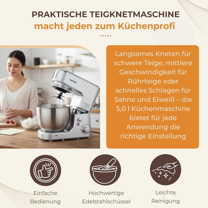Syntrox 5,0 l Küchenmaschine Wezen | Knetmaschine | Rührmaschine | Spiralkneter, Multifunktional, 5