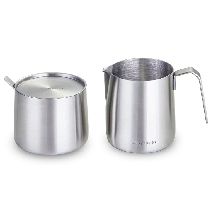 Easyworkz Edelstahl 304 Milchkännchen und Zuckerdose mit Löffel Kaffee Servierset gebürstet Silber G