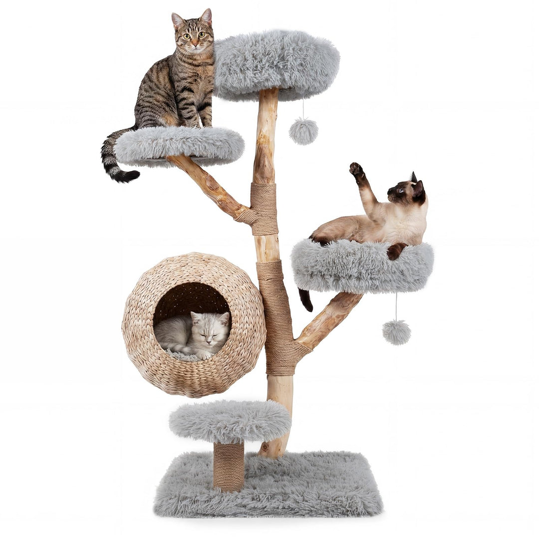 COSTWAY Kratzbaum Holz, 134 cm hoch, Katzenbaum mit Katzenkorb (Grau), Grau