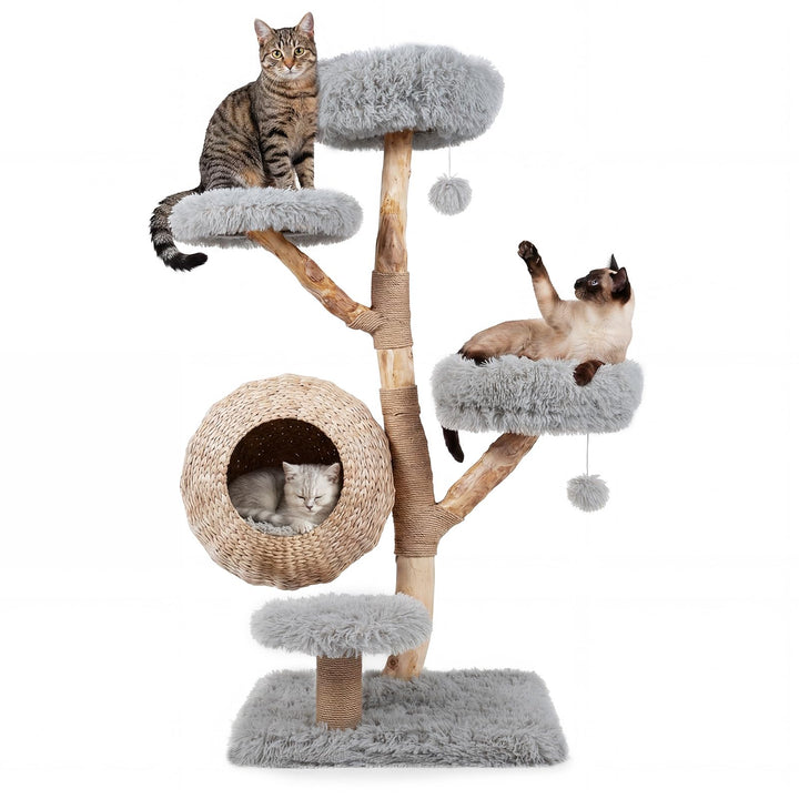 COSTWAY Kratzbaum Holz, 134 cm hoch, Katzenbaum mit Katzenkorb (Grau), Grau