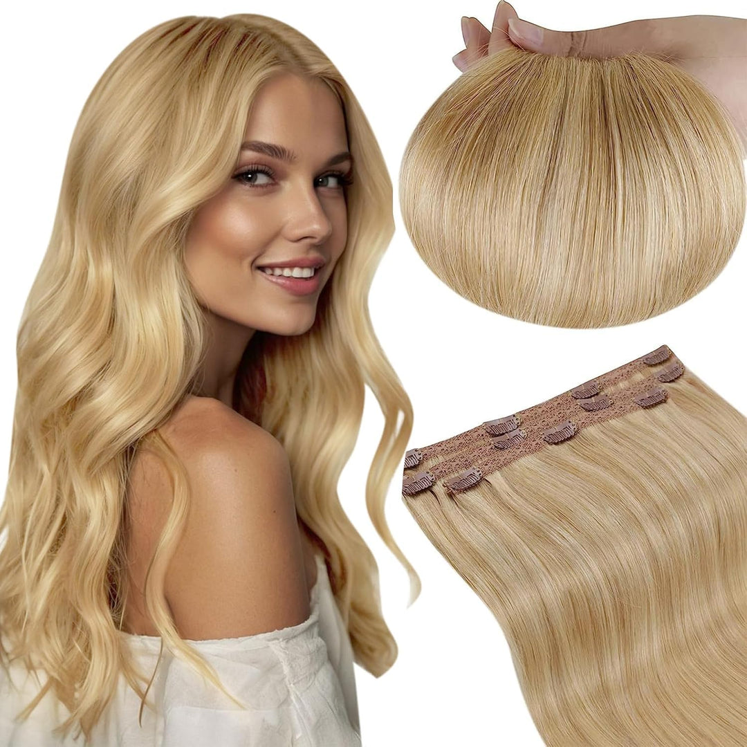 RUNATURE Clip in Extensions Echthaar Goldblond mit Hellblond Haarverlangerung Echthaar Clip in Glatt