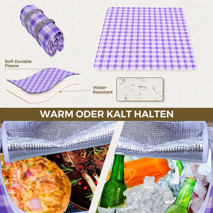 HYBDAMAI Picknickkorb Set für 4 Person mit Kühlfach und wasserdichte Picknickdecke, Abnehmbarer Riem