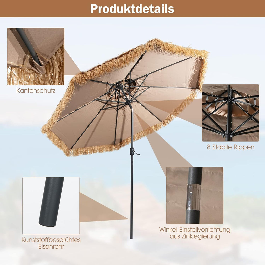 GOPLUS Sonnenschirm Hawaii, Ø 300 cm Sonnenschirm Stroh um 30° knickbar, Strandschirm mit Kurbel, St