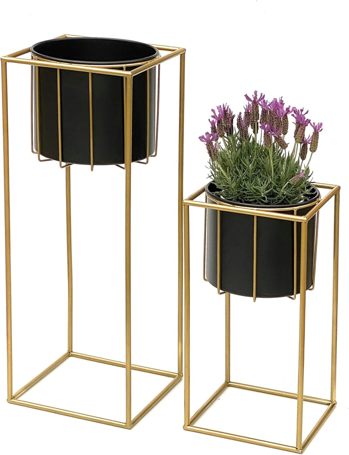 DanDiBo Blumenhocker mit Topf Metall Gold Schwarz Eckig 2er Set Blumenständer 96035 Blumensäule Mode